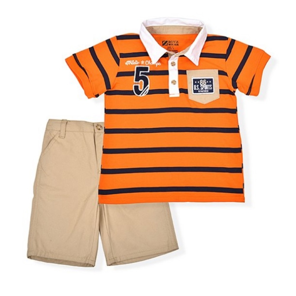 Orange Stripe “86” Polo & Khaki Shorts